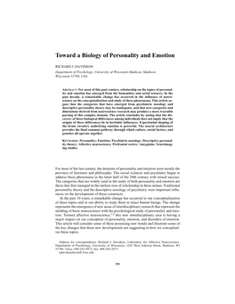 Toward a Biology of Personality and Emotion