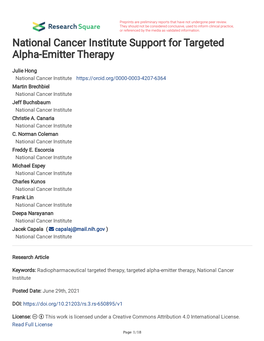 National Cancer Institute Support for Targeted Alpha-Emitter Therapy