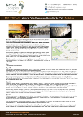 TRIP ITINERARY Victoria Falls, Hwange and Lake Kariba (TM) Zimbabwe