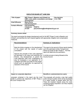 EXECUTIVE BOARD 22Nd JUNE 2004 Title of Paper: NET Phase 2, Beeston and Chilwell