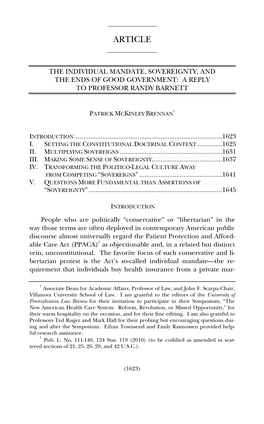 The Individual Mandate, Sovereignty, and the Ends of Good Government: a Reply to Professor Randy Barnett