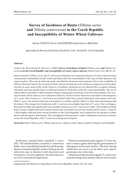 Survey of Incidence of Bunts (Tilletia Caries and Tilletia Controversa) in the Czech Republic and Susceptibility of Winter Wheat Cultivars