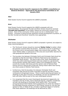 West Sussex County Council’S Response to the LGBCE’S Consultation on Electoral Divisions – Approved by the Governance Committee on 25 January 2016