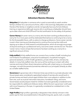 Adventure Nannies Glossary