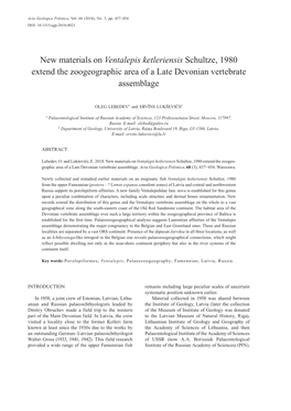 New Materials on Ventalepis Ketleriensis Schultze, 1980 Extend the Zoogeographic Area of a Late Devonian Vertebrate Assemblage