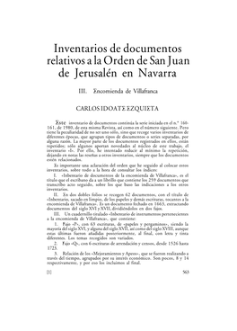 Inventarios De Documentos Relativos a La Orden De San Juan De Jerusalén En Navarra