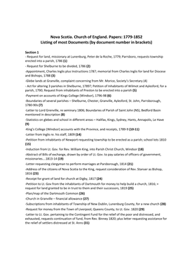 Nova Scotia. Church of England. Papers: 1779-1852 Listing of Most Documents (By Document Number in Brackets)