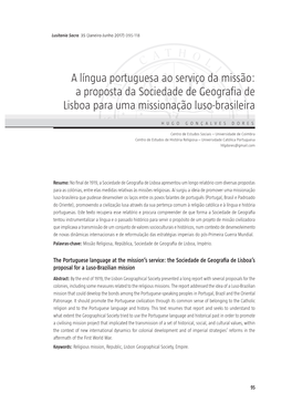 A Língua Portuguesa Ao Serviço Da Missão: a Proposta Da Sociedade De Geografia De Lisboa Para Uma Missionação Luso-Brasileira