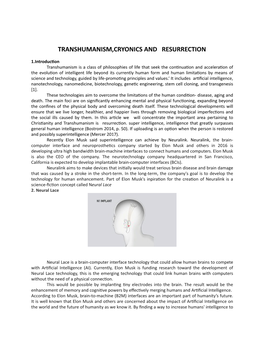 Transhumanism,Cryonics and Resurrection