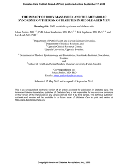 The Impact of Body Mass Index and the Metabolic Syndrome on the Risk of Diabetes in Middle-Aged Men