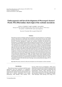 Embryogenesis and Larval Development of Phoronopsis Harmeri Pixell, 1912 (Phoronida): Dual Origin of the Coelomic Mesoderm