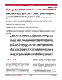 EGR1 Regulates Cellular Metabolism and Survival in Endocrine Resistant Breast Cancer