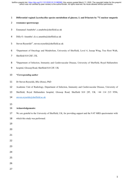 Differential Vaginal Lactobacillus Species Metabolism of Glucose, L and D-Lactate by 13C-Nuclear Magnetic