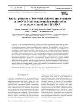 Spatial Patterns of Bacterial Richness and Evenness in the NW Mediterranean Sea Explored by Pyrosequencing of the 16S Rrna