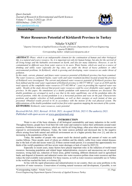 Water Resources Potential of Kirklareli Province in Turkey