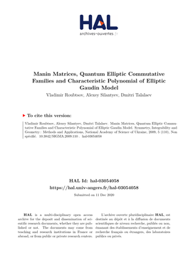Manin Matrices, Quantum Elliptic Commutative Families and Characteristic Polynomial of Elliptic Gaudin Model Vladimir Roubtsov, Alexey Silantyev, Dmitri Talalaev
