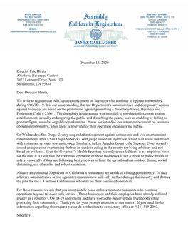 December 18, 2020 Director Eric Hirata Alcoholic Beverage Control 3927 Lennane Drive, Suite 100 Sacramento, CA 95834 Dear Direct
