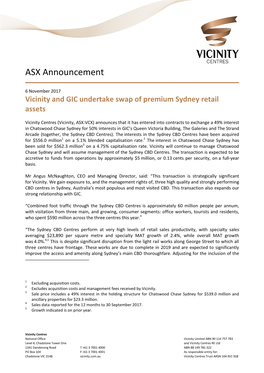 Vicinity and GIC Undertake Swap of Premium Sydney Retail Assets