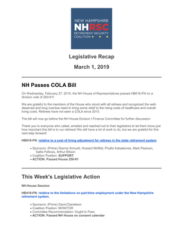 Legislative Recap March 1, 2019 NH Passes COLA Bill This Week's