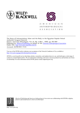 The Hexis of Interpretation: Islam and the Body in the Egyptian Popular School Author(S): Gregory Starrett Source: American Ethnologist, Vol