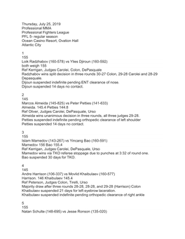 Thursday, July 25, 2019 Professional MMA Professional Fighters League PFL 5- Regular Season Ocean Casino Resort, Ovation Hall Atlantic City