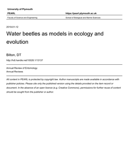 Water Beetles As Models in Ecology and Evolution