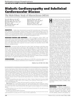 Diabetic Cardiomyopathy and Subclinical Cardiovascular Disease the Multi-Ethnic Study of Atherosclerosis (MESA)