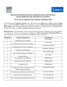 Proceso De Presupuesto Participativo Municipal Ayuntamiento Del Distrito Nacional Acta De Asamblea De Cabildo Abierto 2019
