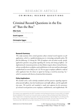 Criminal Record Questions in the Era of “