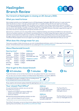 Haslingden Branch Review Our Branch at Haslingden Is Closing on 20 January 2021