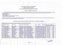 Provisional Selection List for Admission 2018-19,2018-20