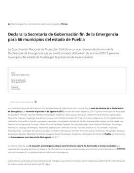 Declara La Secretaría De Gobernación N De La Emergencia Para 66