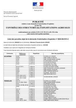 PUBLICITÉ CONTRÔLE DES STRUCTURES Des EXPLOITATIONS AGRICOLES