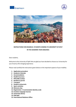 Instructions for Erasmus+ Students Coming to University of Split in the Academic Year 2020/2021