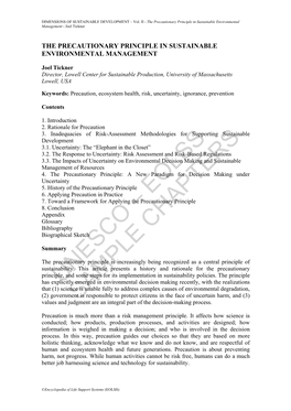 The Precautionary Principal in Sustainable Environmental