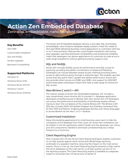 Actian Zen Embedded Database Zero-Dba, Embeddable, Nano Footprint Database