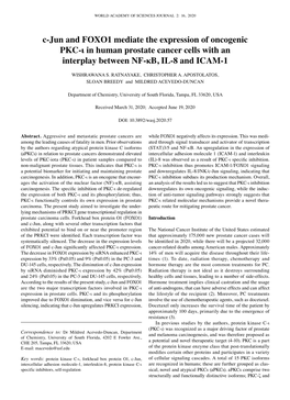 C‑Jun and FOXO1 Mediate the Expression of Oncogenic PKC‑Ι in Human Prostate Cancer Cells with an Interplay Between NF‑Κb, IL‑8 and ICAM‑1