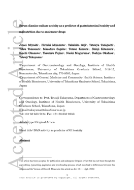 Serum Diamine Oxidase Activity As a Predictor of Gastrointestinal Toxicity and Malnutrition Due to Anticancer Drugs1