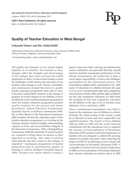 Quality of Teacher Education in West Bengal