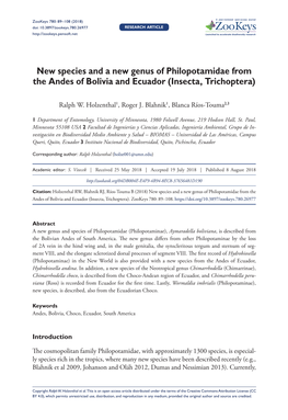 New Species and a New Genus of Philopotamidae from the Andes of Bolivia and Ecuador (Insecta, Trichoptera)