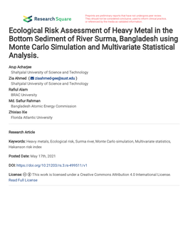 Ecological Risk Assessment of Heavy Metal in the Bottom Sediment of River Surma, Bangladesh Using Monte Carlo Simulation and Multivariate Statistical Analysis