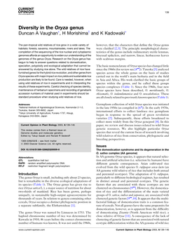 Diversity in the Oryza Genus Duncan a Vaughan�, H Morishimay and K Kadowaki