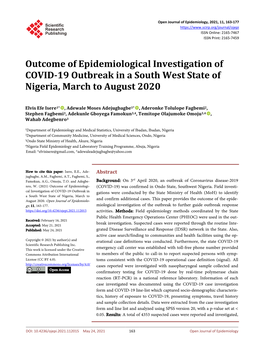 Outcome of Epidemiological Investigation of COVID-19 Outbreak in a South West State of Nigeria, March to August 2020