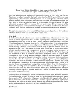 Denial of the Right to Life and Liberty of Person As a Crime of Apartheid Addameer Prisoner Support and Human Rights Association