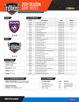 2021 Season Game Notes