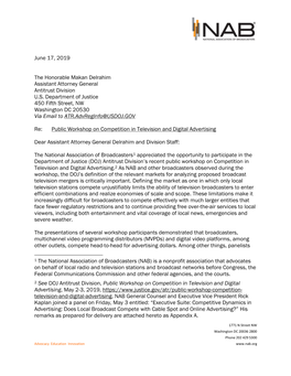 June 17, 2019 the Honorable Makan Delrahim Assistant Attorney General Antitrust Division U.S. Department of Justice 450 Fifth S