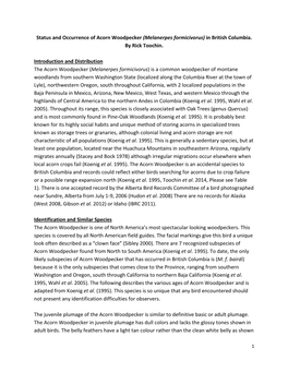 Status and Occurrence of Acorn Woodpecker (Melanerpes Formicivorus) in British Columbia