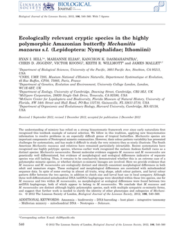 Ecologically Relevant Cryptic Species in the Highly Polymorphic Amazonian Butterﬂy Mechanitis Mazaeus S.L