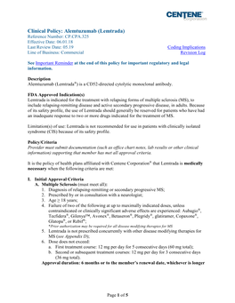 Alemtuzumab (Lemtrada) Reference Number: CP.CPA.325 Effective Date: 06.01.18 Last Review Date: 05.19 Coding Implications Line of Business: Commercial Revision Log