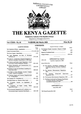 THE KENYA GAZETTE Published by Authority of the Republic of Kenya (Registered As a Newspaper at the G.P.O.) � Vol